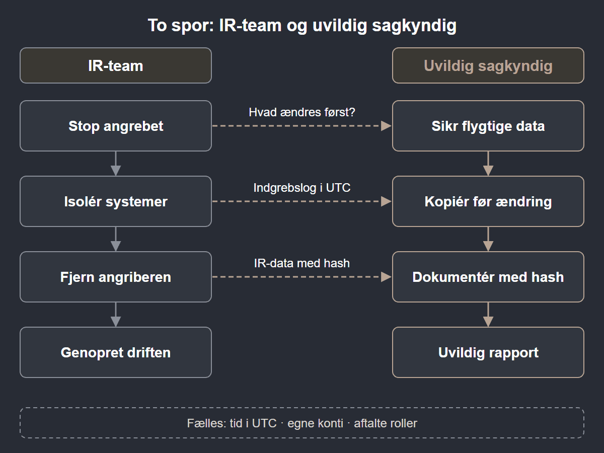 IR-teamet stopper angrebet og genopretter driften, mens den uvildige sagkyndige sikrer og dokumenterer, med faste overdragelser imellem.